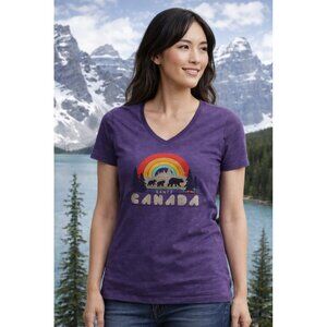 Purple Banff Canada Bears V-neck Graphic T-Shirt US L